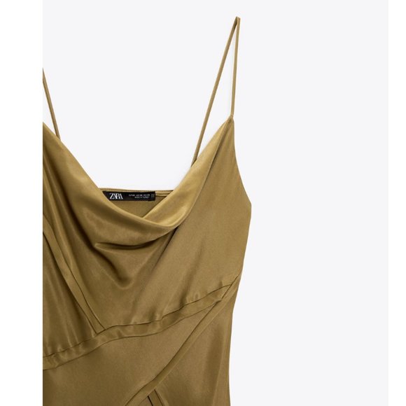 NWT ZARA SATIN LINGERIE STYLE DRESS DARK KHAKI - Picture 8 of 8